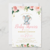 baby Elephant Roze Bloemen baby shower Uitnodiging (Voorkant)