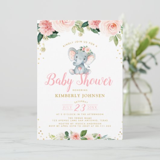 baby Elephant Roze Bloemen baby shower Uitnodiging (Staand voorkant)