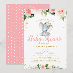 baby Elephant Roze Bloemen baby shower Uitnodiging