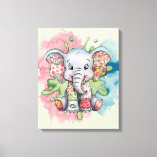 Baby Elephant Sewn Floral Patches Elk Kind Canvas Afdruk