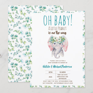 Baby Elephant Shower Invitation, Boho Floral Kaart