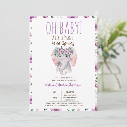 Baby Elephant Shower Invitation, Boho Floral Kaart (Staand voorkant)