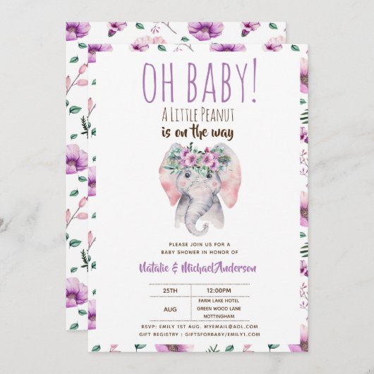 Baby Elephant Shower Invitation, Boho Floral Kaart (Voorkant / Achterkant)