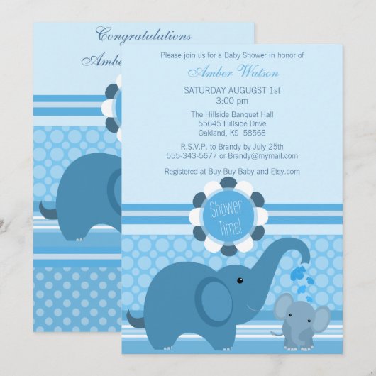 Baby Elephant Shower Invitation Kaart (Voorkant / Achterkant)