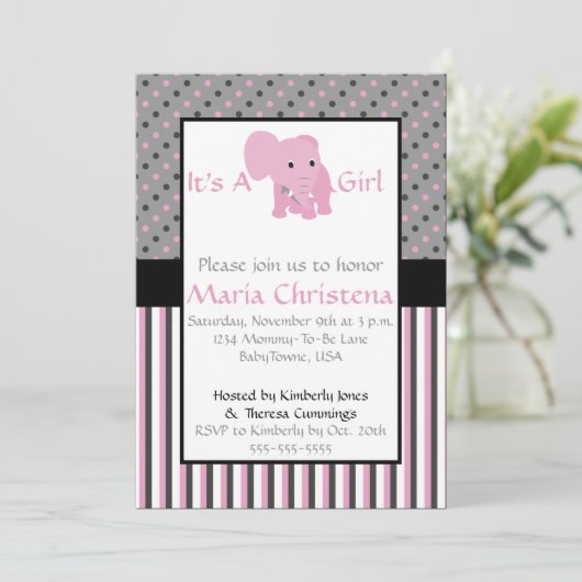 Baby Elephant Shower Invitation (roze) Kaart (Staand voorkant)