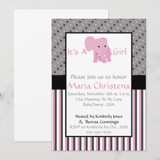 Baby Elephant Shower Invitation (roze) Kaart (Voorkant / Achterkant)