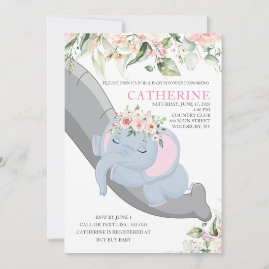 Baby Elephant Sleeping Floral Girl Shower Kaart (Voorkant)