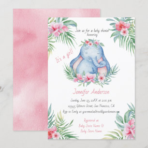 Baby Elephant Tropical Floral Baby Girl Shower Kaart