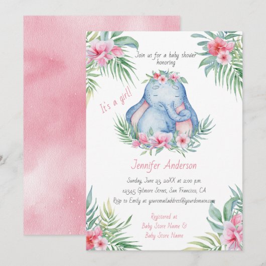 Baby Elephant Tropical Floral Baby Meisje Douche Kaart (Voorkant / Achterkant)