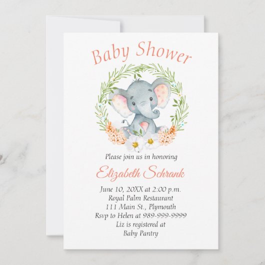 Baby Elephant Waterverf Baby shower Uitnodiging (Voorkant)