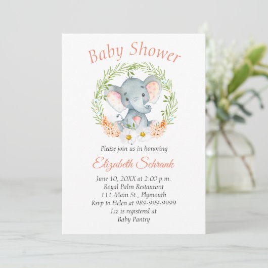 Baby Elephant Waterverf Baby shower Uitnodiging (Staand voorkant)