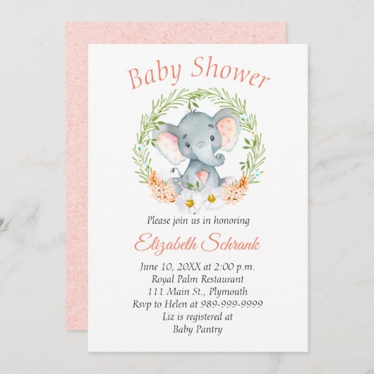 Baby Elephant Waterverf Baby shower Uitnodiging (Voorkant / Achterkant)