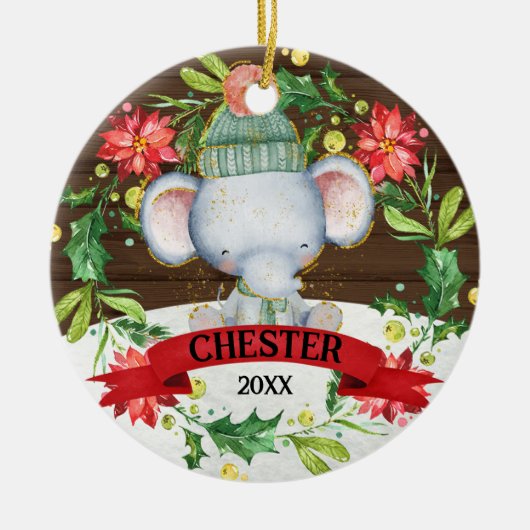 Baby Elephant Waterverf Kinder kerst Keramisch Ornament (Voorkant)