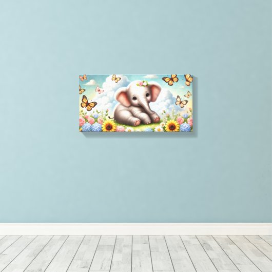 Baby Elephantin Flowers Canvas Afdruk (Insitu (Houten vloer))