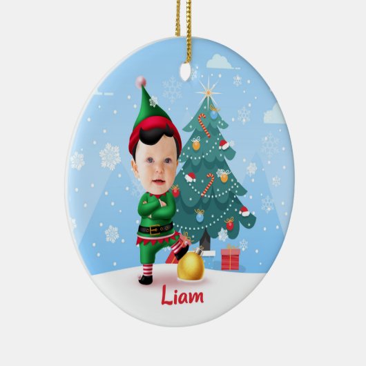 Baby Elf Christmas Ornament, Custom Photo & Name Keramisch Ornament (Rechts)