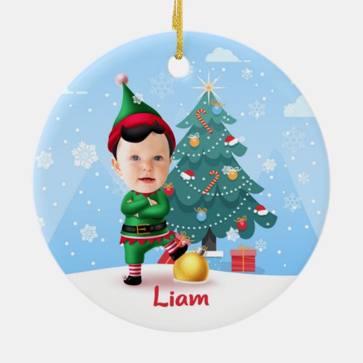 Baby Elf Christmas Ornament, Custom Photo & Name Keramisch Ornament (Achterkant)