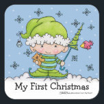 Baby Elf -gepersonaliseerd !st Christmas Vierkante Sticker<br><div class="desc">Leuke kleine baby elf staat in de sneeuw met een teddybeer en kerstboom paraplu. Kleuren van blauw en groen. Geweldig voor eerste Kerstmis of elke baby jongen die Kerstmis viert. Origineel ontwerp van Christie Black van Creations from the Heart.</div>