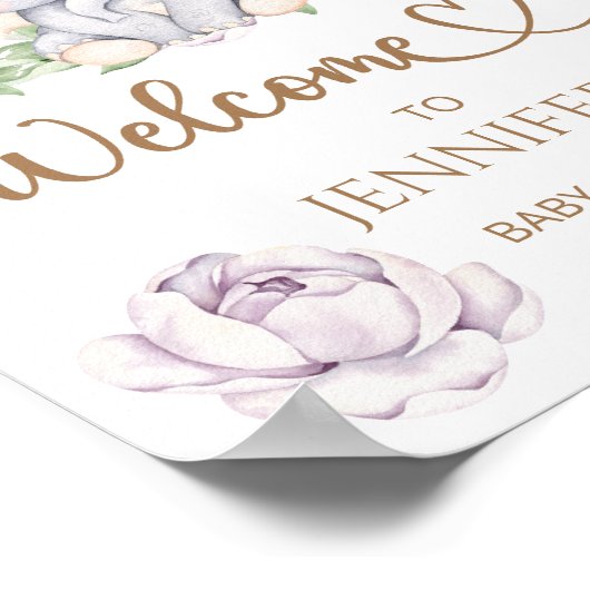 Baby elphant & Flower Baby shower Welkom Poster (Hoek)
