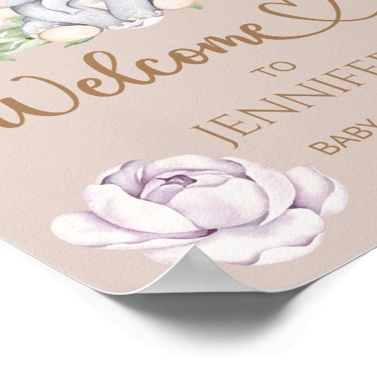 Baby elphant & Flower Baby shower Welkom Poster (Hoek)