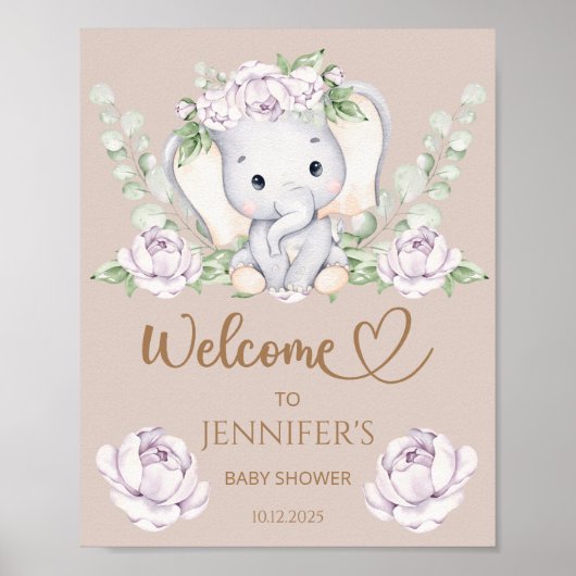 Baby elphant & Flower Baby shower Welkom Poster (Voorkant)