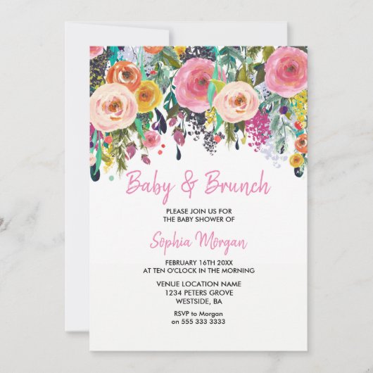 Baby en Brunch Baby shower Roze Floral Invite Kaart (Voorkant)