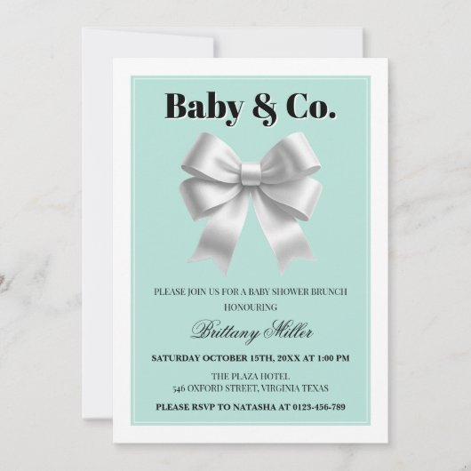 Baby en Co Silver Bow Baby shower Uitnodiging (Voorkant)