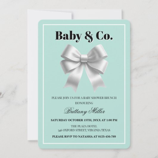 Baby en Co. Silver Bow Baby shower Uitnodiging (Voorkant)