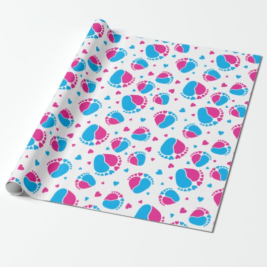 Baby en harten in blauwe en roze kleur cadeaupapier (Uitgerold)
