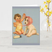  Baby en hond met Bonnet Note Kaart (Gele Bloem)