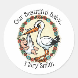 Baby en Ooievaar Design Vintage Stijl Ronde Sticker