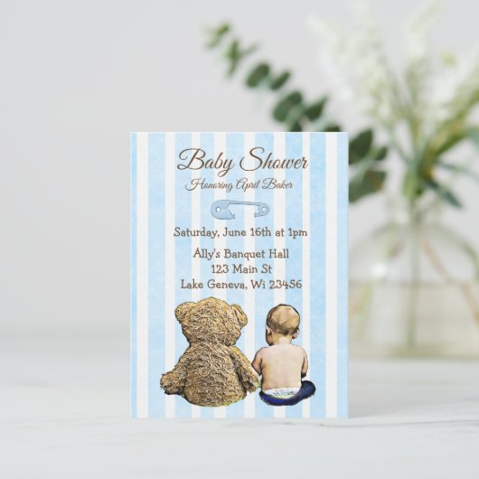 Baby en Teddy Bear Baby shower Briefkaart Uitnodig (Staand voorkant)