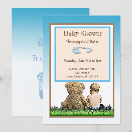 Baby en Teddy Bear Boys Baby shower Uitnodiging (Voorkant / Achterkant)