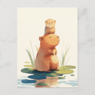 Baby en volwassen capibara op een waterlelieblad v briefkaart