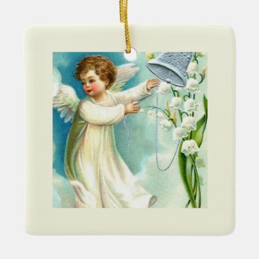 Baby Engel Met Blauwe Bel Keramisch Ornament (Voorkant)