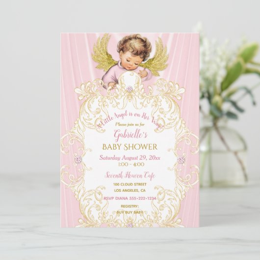 Baby Engel Roze Goud Meisje Kaart (Staand voorkant)