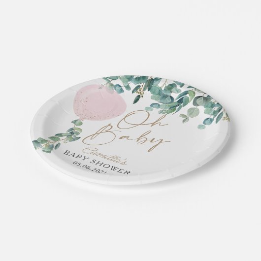 Baby Eucalyptus Pink Ballon Baby shower Papieren Bordje (Gekanteld)