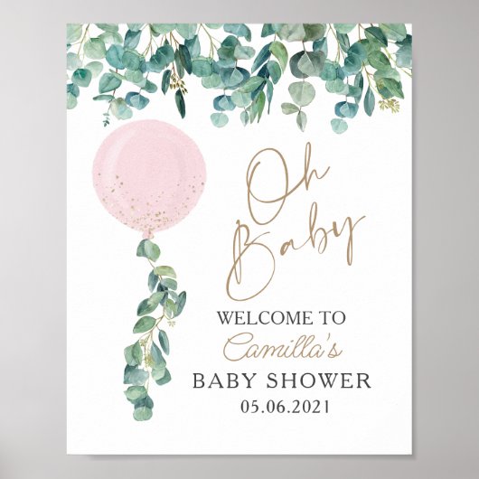 Baby Eucalyptus Pink Ballon Baby shower Poster (Voorkant)