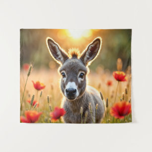 Baby ezel vreedzame natuur rode papaver veld wandkleed