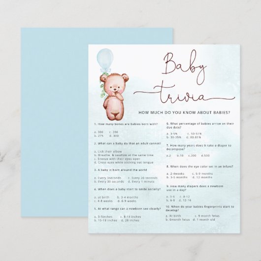 Baby Facts Trivia Game Baby shower Teddy Bear (Voorkant / Achterkant)