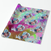 BABY FEE MET DUIVEN IN PAARSE BLAUWGROEN SPARKLES CADEAUPAPIER (Uitgerold)