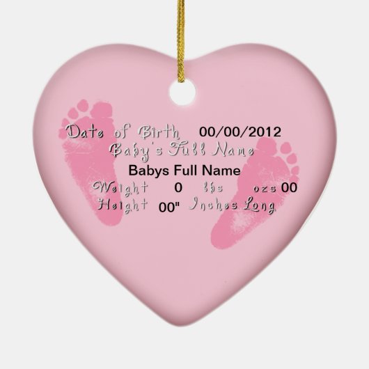 Baby Feet Birth Heart Shaped Ornament (Achterkant)