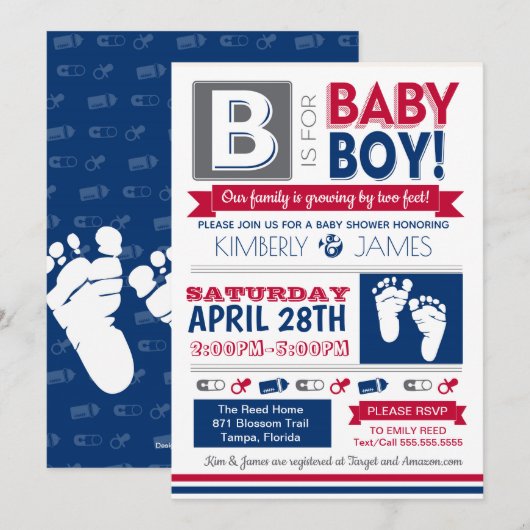 Baby Feet Poster Style Boy Shower Invitation 2 Kaart (Voorkant / Achterkant)