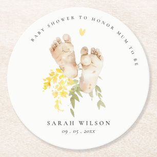 Baby Feet Yellow Floral Geslachtsneutraal Baby sho Ronde Kartonnen Onderzetter