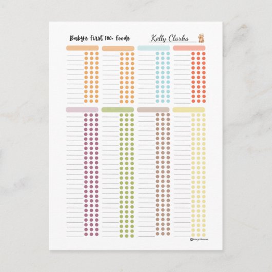 Baby First 100 voedingsmiddelen- uw eigen Food Log Briefkaart (Voorkant)
