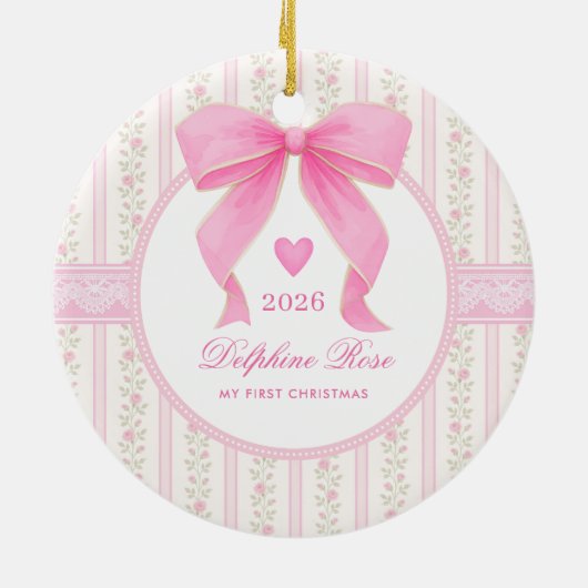 Baby First 1st Christmas Coquette Pink Bow Roses Keramisch Ornament (Achterkant)