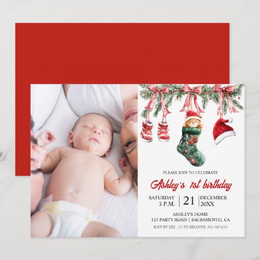 Baby first birthday Christmas themed Kaart (Voorkant / Achterkant)