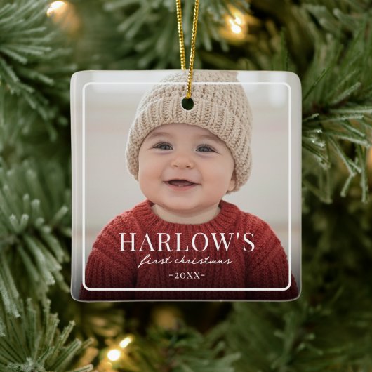 Baby First Chirstmas Simple Boarder Photo  Ceramic Keramisch Ornament (Boom)