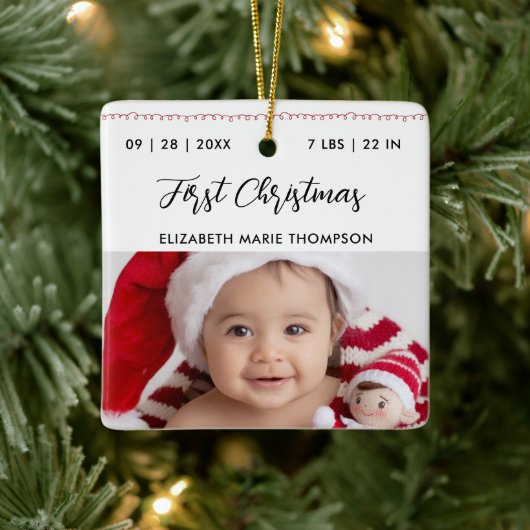 Baby First Christmas Birth Stats Name Calligraphy Keramisch Ornament (Boom)