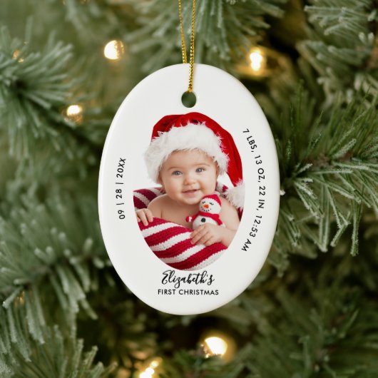 Baby First Christmas Birth Stats Name Minimal Chic Keramisch Ornament (Boom)