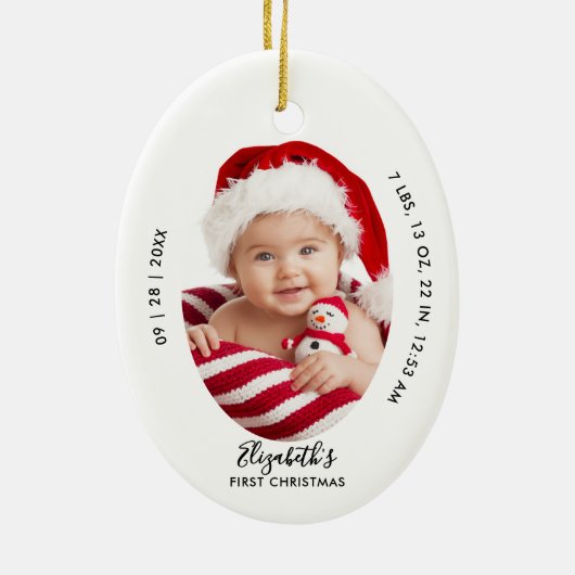 Baby First Christmas Birth Stats Name Minimal Chic Keramisch Ornament (Achterkant)
